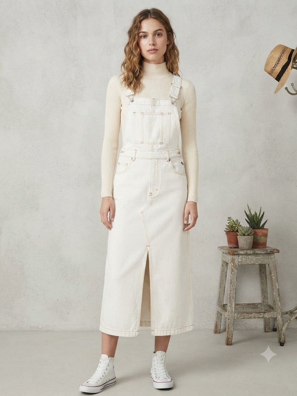Zara Cream Denim Overall Skirt